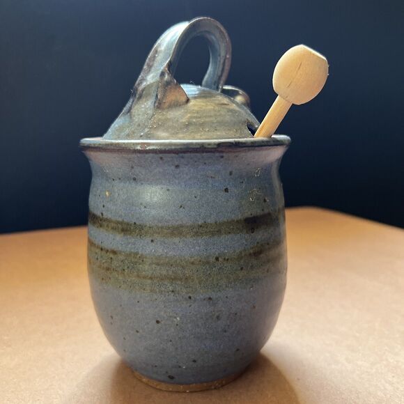 Handmade Signed Pottery Honey Pot With Stick Blue - Picture 4 of 9